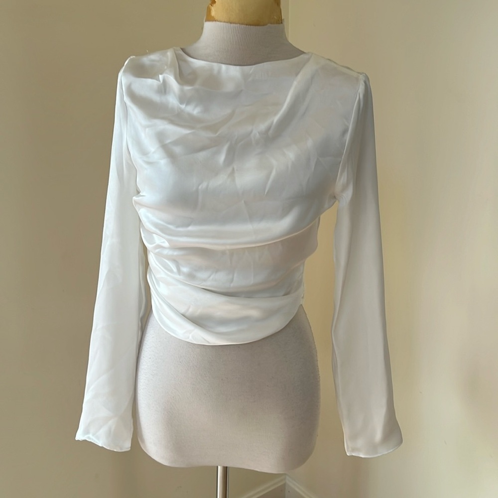 New! Zara small satin effect tucked back open long sleeve top.